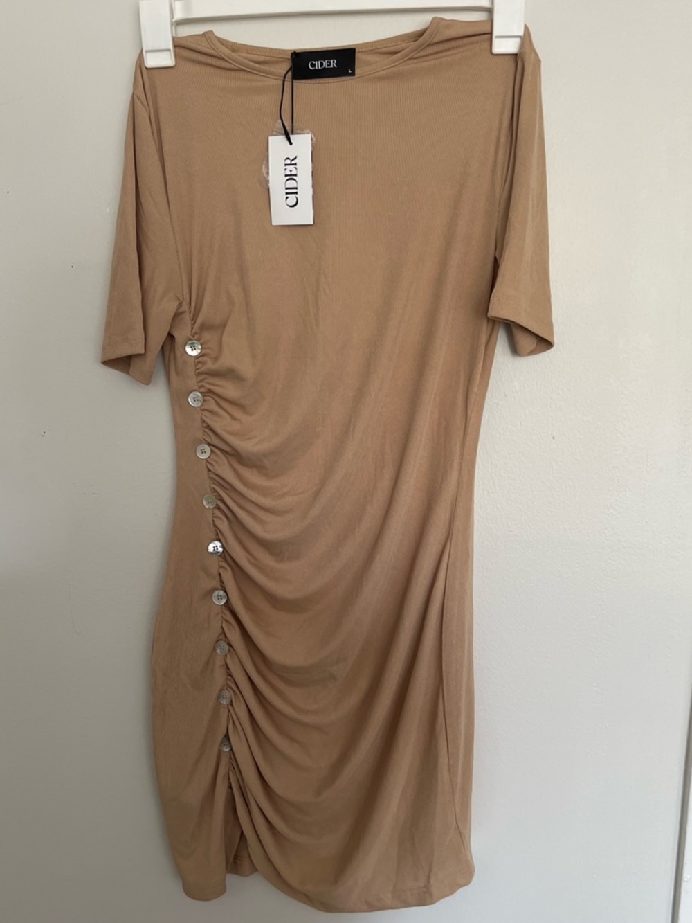 Cider Tan Ruched Side-Button Midi Dress